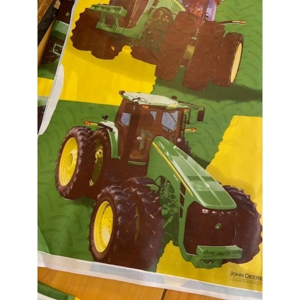 John Deere Licensed Tractor Logo 54x98 Vinyl Tablecloth Green White 2 Piece Set